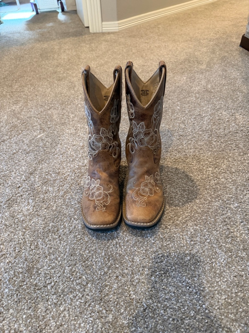 Shyanne Brown Girls Western Boots with White Floral Stitching
